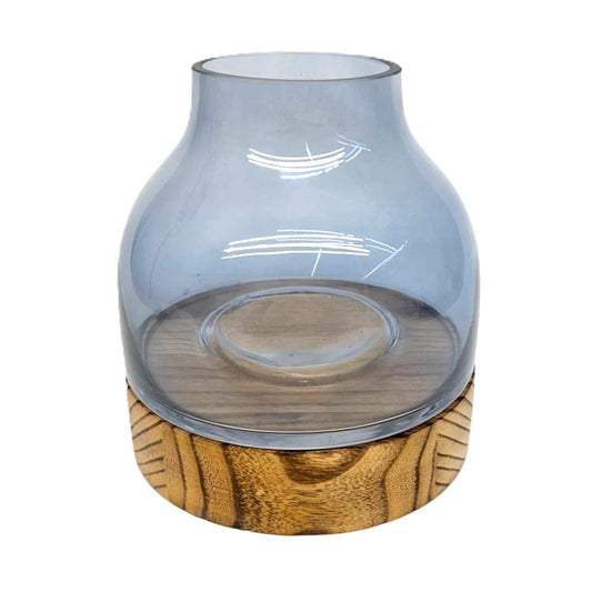 Dekoglas „Nordic Nature“ mit Holzsockel rundes Glasgefäß in Rauchoptik 17cm