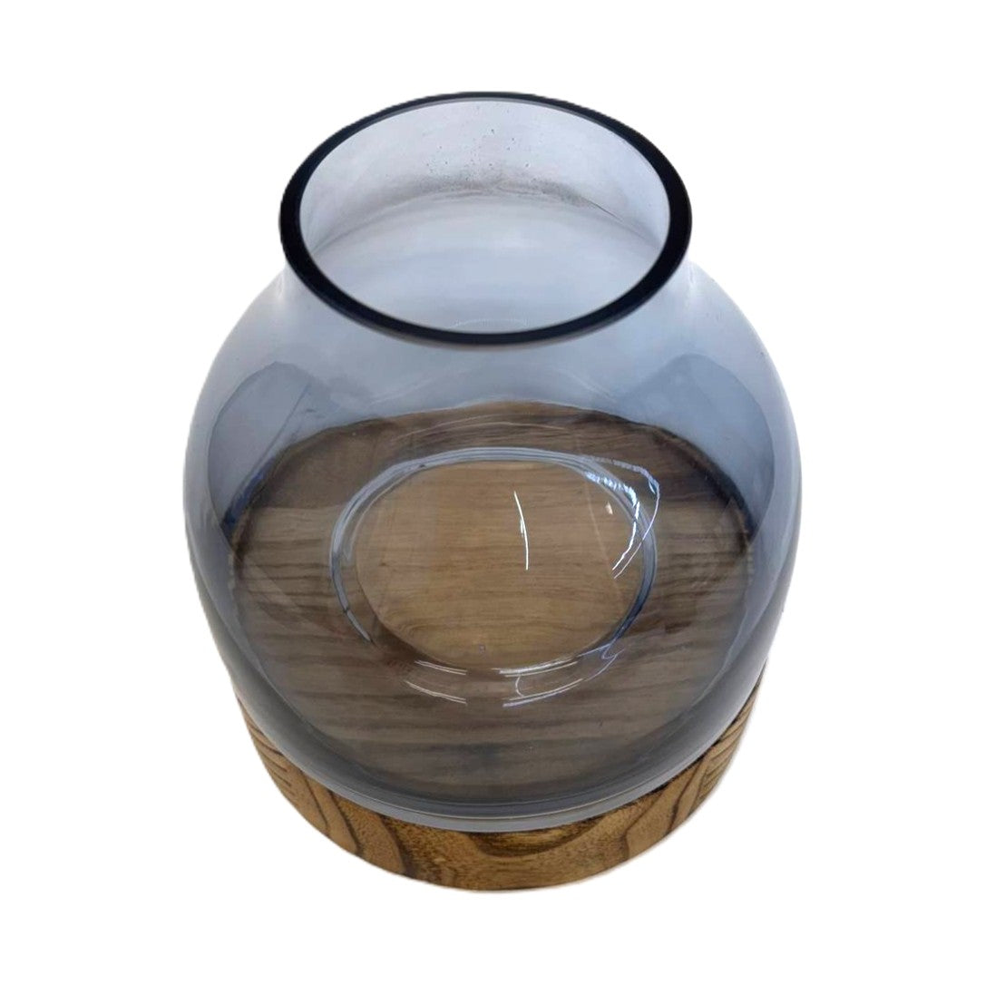 Dekoglas „Nordic Nature“ mit Holzsockel rundes Glasgefäß in Rauchoptik 17cm