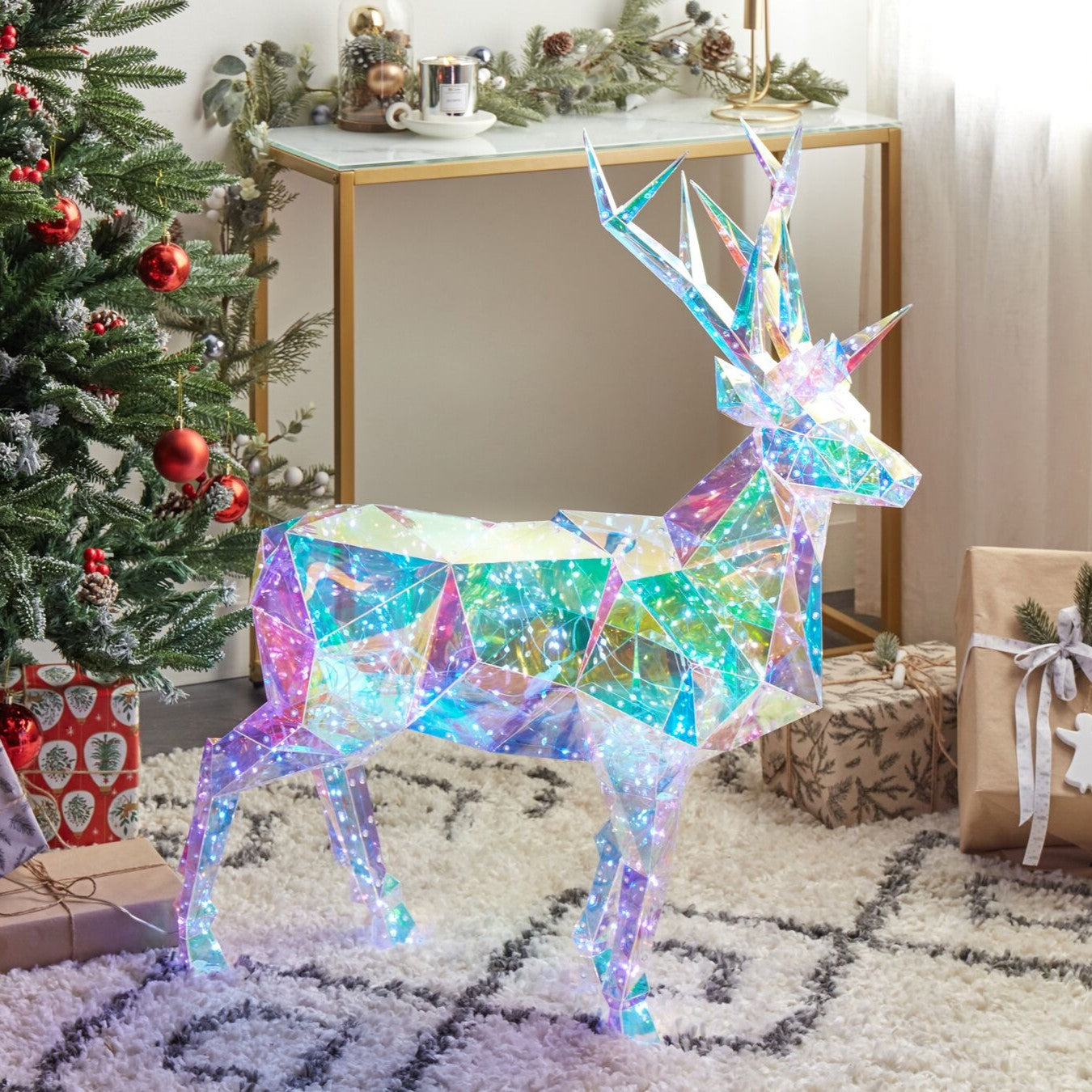 Beleuchtetes Weihnachts-Reh 91cm irisierend bunt LED