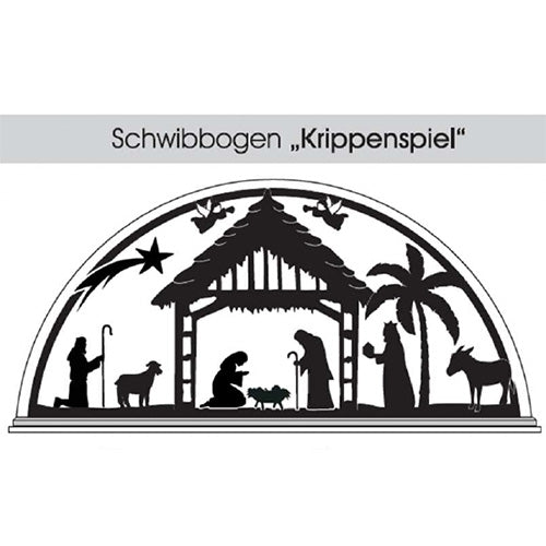 Glas Schwibbogen Krippenspiel warmweiß modern Glasgravur
