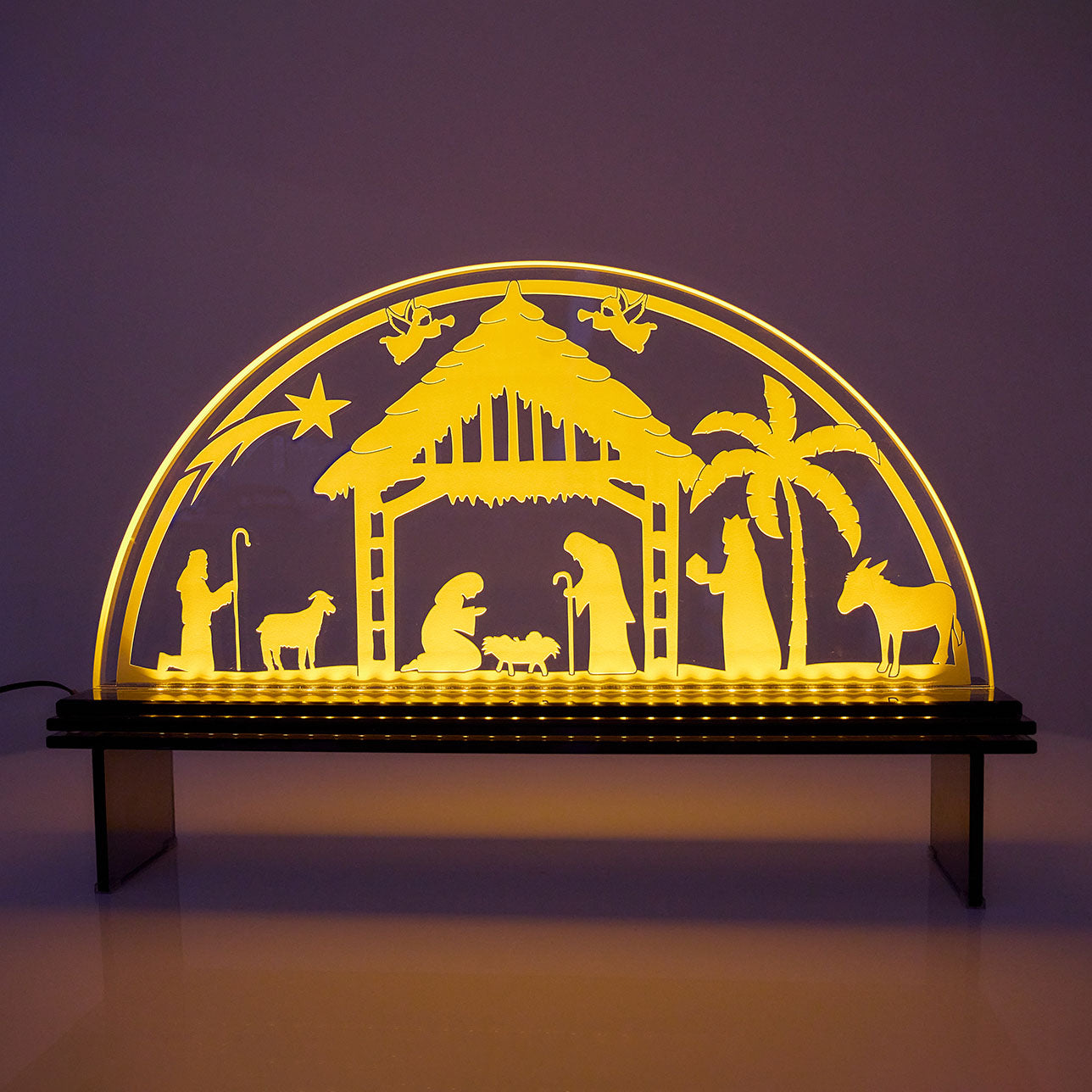 Glas Schwibbogen Krippenspiel warmweiß modern Glasgravur