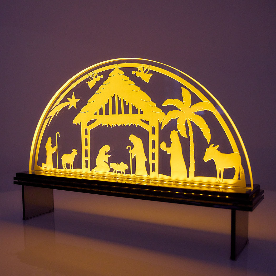 Glas Schwibbogen Krippenspiel warmweiß modern Glasgravur
