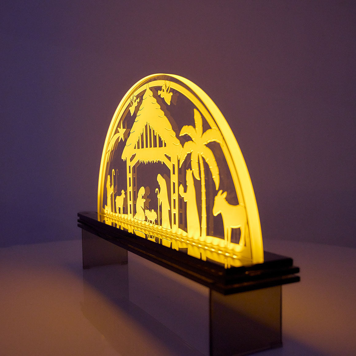 Glas Schwibbogen Krippenspiel warmweiß modern Glasgravur