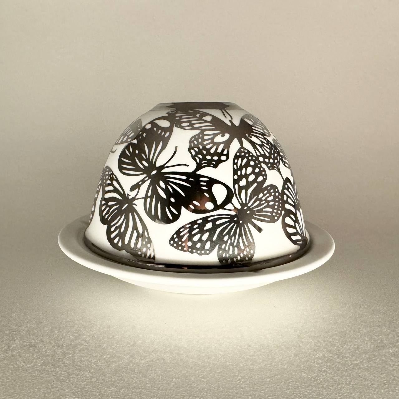 Teelichthalter Teelicht Porzellan "Schmetterlinge" Silber