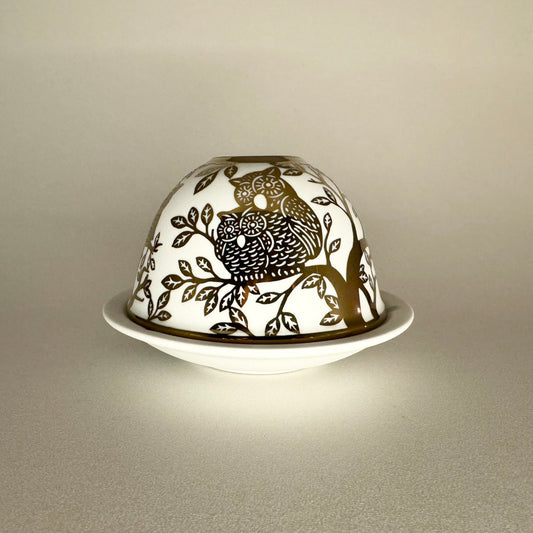 Teelichthalter Teelicht Porzellan "Eulen" Gold