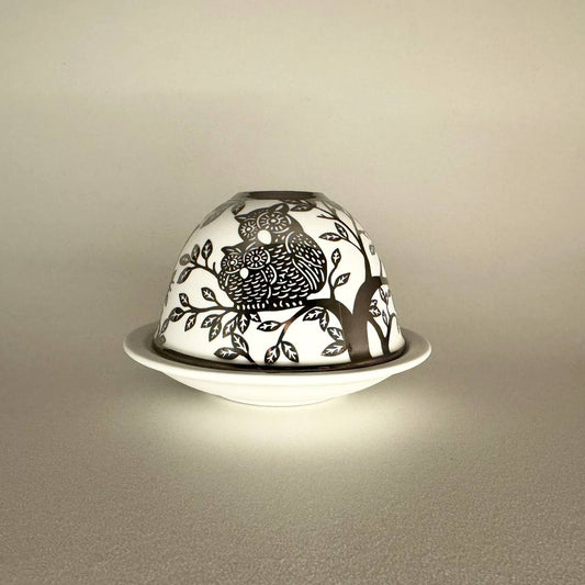 Teelichthalter Teelicht Porzellan "Eulen" Silber