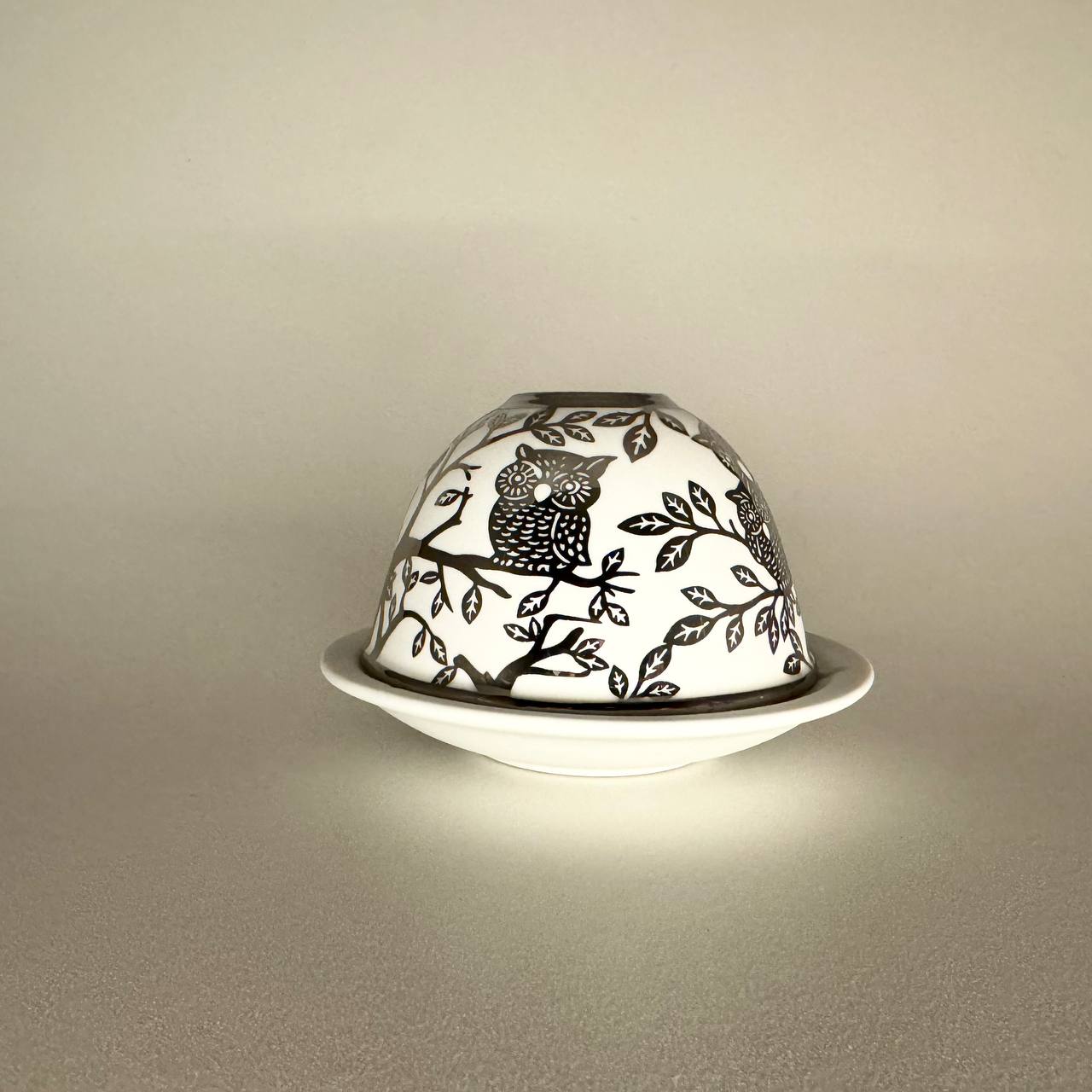 Teelichthalter Teelicht Porzellan "Eulen" Silber