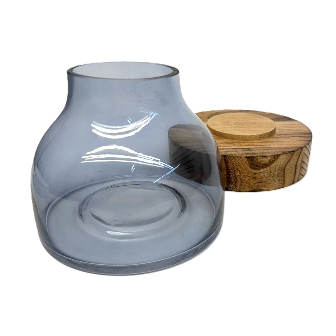 Dekoglas „Nordic Nature“ mit Holzsockel rundes Glasgefäß in Rauchoptik 17cm