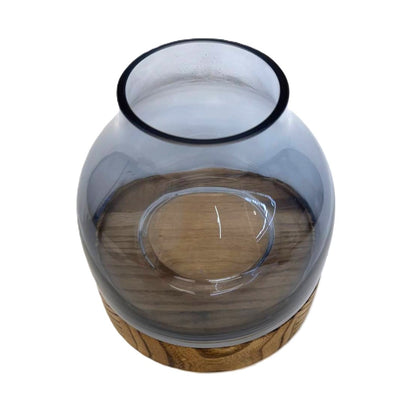Dekoglas „Nordic Nature“ mit Holzsockel rundes Glasgefäß in Rauchoptik 17cm