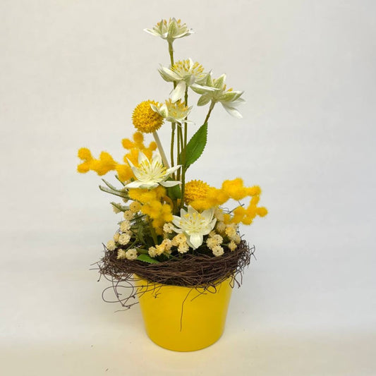 Kunstblumengesteck „Sonnenstrahl“ im gelben Topf