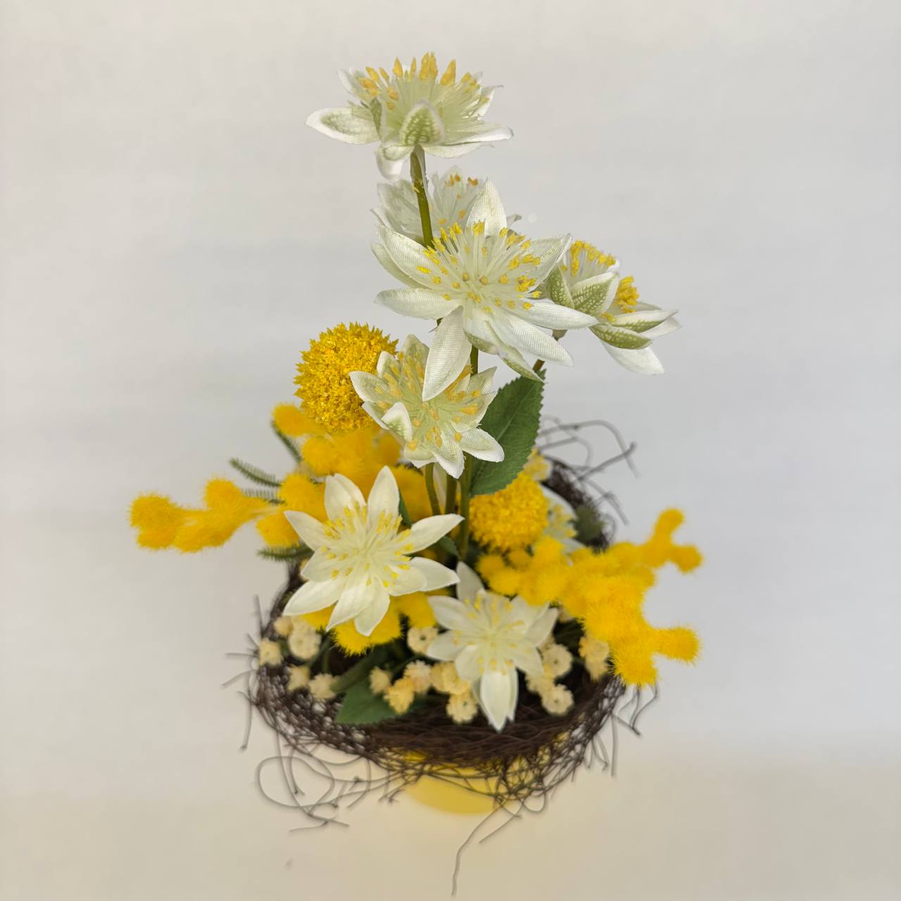 Kunstblumengesteck „Sonnenstrahl“ im gelben Topf