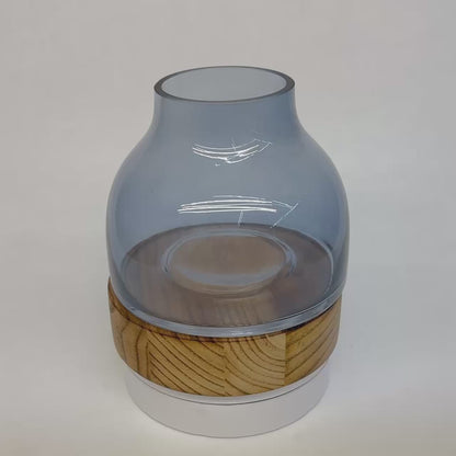 Dekoglas „Nordic Nature“ mit Holzsockel rundes Glasgefäß in Rauchoptik 17cm