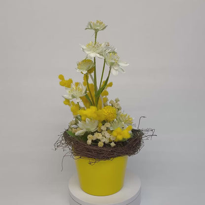 Kunstblumengesteck „Sonnenstrahl“ im gelben Topf